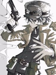 Rule 34 | 1girl, androgynous, belt, black eyes, black hair, brown jacket, goggles, goggles on headwear, gun, handgun, hat, highres, holding, holding gun, holding weapon, jacket, kino (kino no tabi), kino no tabi, open clothes, open jacket, pouch, short hair, simple background, smoke, solo, two-tone background, wa noko, weapon