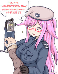 Rule 34 | 1girl, :d, ^ ^, absurdres, arm up, artist name, bad id, bad pixiv id, beret, black jacket, blush, breasts, brown gloves, brown headwear, chinese text, closed eyes, cuffs, english text, glasses, gloves, greenteaneko, hair flaps, handcuffs, hat, highres, holding, jacket, large breasts, long hair, long sleeves, one side up, open mouth, original, parted bangs, photo (object), pink hair, red-framed eyewear, semi-rimless eyewear, simple background, simplified chinese text, smile, solo focus, sparkle, speech bubble, sweat, under-rim eyewear, valentine, very long hair, white background