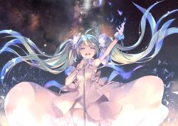 Rule 34 | 1girl, ahoge, aqua hair, arm up, blue eyes, character name, cowboy shot, dress, floating hair, gin (oyoyo), happy birthday, hatsune miku, long hair, microphone, microphone stand, nail polish, open mouth, outstretched arm, sky, solo, star (sky), starry sky, tears, thighhighs, twintails, very long hair, vocaloid