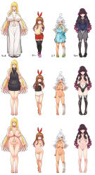 Rule 34 | 4girls, absurdres, ahoge, aran sweater, bandages, bar censor, barefoot, black gloves, black hair, black legwear, blonde hair, blue eyes, blush, boots, breasts, brown hair, cable knit, censored, character sheet, dress, elbow gloves, finger to mouth, gloves, hair over one eye, hair ribbon, highres, huge breasts, jewelry, kirin kakeru, large breasts, long hair, long sleeves, looking at viewer, medium breasts, multiple girls, naked sweater, navel, nipples, nude, one-piece swimsuit, open mouth, original, overalls, pendant, purple eyes, red eyes, ribbon, school uniform, serafuku, shirt, shoes, shorts, silver hair, simple background, small breasts, smile, standing, striped clothes, striped shirt, sweater, swimsuit, thigh boots, thighhighs, white background, white dress, yellow eyes