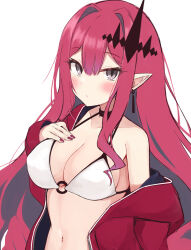 Rule 34 | 1girl, absurdres, baobhan sith (fate), bare shoulders, bikini, blush, breasts, cleavage, earrings, fate/grand order, fate (series), grey eyes, hair ornament, hand on own chest, highres, jacket, jacket partially removed, jewelry, long hair, looking at viewer, medium breasts, nail polish, navel, open clothes, open jacket, pink hair, pointy ears, red jacket, red nails, shimejirou (000kk), sidelocks, solo, swimsuit, upper body, white background, white bikini