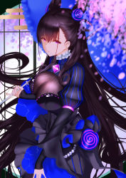 Rule 34 | 1girl, absurdres, an yasuri, beads, black dress, black hair, blurry, blurry foreground, brooch, commentary request, cone hair bun, cowboy shot, depth of field, dress, egasumi, fate/grand order, fate (series), floating hair, hair between eyes, hair bun, hair ornament, highres, holding, holding umbrella, jewelry, juliet sleeves, long hair, long sleeves, looking at viewer, murasaki shikibu (fate), parted lips, pinky out, puffy sleeves, purple eyes, sleeves past wrists, solo, standing, striped, turtleneck, umbrella, very long hair, wide sleeves, window