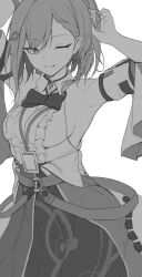 Rule 34 | 1girl, armpits, arms up, asta (honkai: star rail), bare shoulders, belt, bow, bowtie, braid, commentary request, cowboy shot, detached sleeves, furizuu20, greyscale, grin, hair ornament, hairclip, highres, honkai: star rail, honkai (series), lanyard, looking at viewer, medium hair, monochrome, one eye closed, shirt, short sleeves, skirt, sleeveless, sleeveless shirt, smile, solo, standing, white background