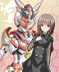 Rule 34 | 2girls, aguilera (kamen rider revice), arm up, armor, bee, belt, black cape, black dress, bodysuit, brown eyes, brown hair, bug, cape, commentary request, cropped legs, dress, dual persona, helmet, holding, holding weapon, honeycomb (pattern), honeycomb background, insect, kamen rider, kamen rider aguilera, kamen rider revice, kunai, long sleeves, looking at viewer, multiple girls, natsuki hana (kamen rider revice), nauchan4649, queen bee genome, red eyes, rider belt, short hair, tokusatsu, vistamp, weapon, weekendriver, white bodysuit