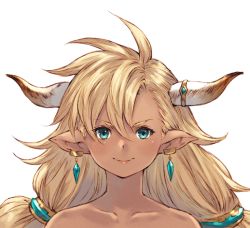 Rule 34 | 1girl, almeida (granblue fantasy), asymmetrical bangs, bare shoulders, blonde hair, closed mouth, collarbone, commentary, dark-skinned female, dark skin, draph, earrings, granblue fantasy, hair ornament, horns, jewelry, lips, long hair, looking at viewer, makimura shunsuke, pointy ears, simple background, smile, solo, upper body, white background