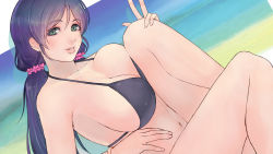 Rule 34 | 1girl, alva, bikini, black bikini, breasts, cleavage, colored eyelashes, commentary request, day, dutch angle, earrings, green eyes, hair between eyes, halterneck, hand on own hip, highres, jewelry, large breasts, long hair, love live!, love live! school idol project, low twintails, multicolored background, navel, outdoors, outside border, parted bangs, purple hair, reclining, smile, solo, string bikini, stud earrings, swimsuit, teeth, tojo nozomi, twintails, v