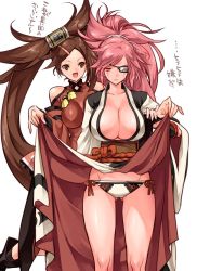 Rule 34 | 2girls, assisted exposure, baiken, breasts, brown eyes, brown hair, china dress, chinese clothes, cleavage, clothes lift, commentary request, detached sleeves, dress, facial tattoo, gluteal fold, guilty gear, guilty gear xrd, hair ornament, hair ribbon, hair tubes, hairclip, highres, impossible clothes, impossible dress, jako (toyprn), kuradoberi jam, large breasts, long hair, medium breasts, multiple girls, no bra, obi, one-eyed, panties, pink eyes, pink hair, ponytail, ribbon, sash, scar, scar across eye, scar on face, side-tie panties, skirt, skirt lift, smile, standing, tattoo, thighs, underwear, very long hair