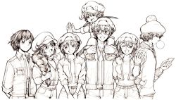 Rule 34 | 2boys, 5girls, 871 (hatarakanai saibou), aa-5100, ae-3803, arms behind back, beanie, braid, blowing bubbles, carrying, chewing gum, child, erythroblast (hataraku saibou), glasses, gloves, greyscale, hand in pocket, hat, hatarakanai saibou, hataraku saibou, hataraku saibou baby, hataraku saibou black, hataraku saibou friend, high five, im-1235, jacket, long hair, looking at another, looking at viewer, low twintails, lucylusstories, monochrome, multiple boys, multiple girls, open mouth, pom pom (clothes), prototype design, red blood cell (hataraku saibou), shoes, short hair, shoulder carry, single braid, sneakers, twin braids, twintails, uniform, upper body
