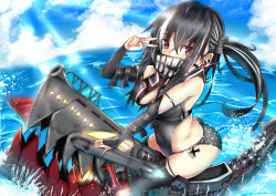 Rule 34 | 1girl, absurdres, arm warmers, azur lane, bandana, bandana over mouth, bare shoulders, black bandana, black hair, black one-piece swimsuit, black panties, breasts, cloud, commentary request, covered mouth, day, earrings, highres, himura moritaka, jewelry, long hair, looking at viewer, mask, medium breasts, medium hair, ocean, one-piece swimsuit, panties, red eyes, riding, side ponytail, solo, submarine, sunlight, swimsuit, thighhighs, u-47 (azur lane), underwear, v, watercraft, white hair