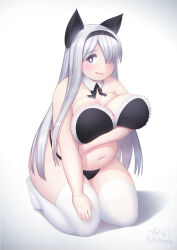 Rule 34 | 1girl, absurdres, animal ears, artist name, black bra, black hairband, black panties, bra, breasts, character request, cloudxmoe, commentary, copyright request, detached collar, english commentary, english text, fake animal ears, fang, full body, hair over one eye, hairband, highres, huge breasts, long hair, looking at viewer, navel, no shoes, open mouth, panties, seiza, shadow, simple background, sitting, skin fang, solo, tareme, thick thighs, thighhighs, thighs, underwear, very long hair, white background