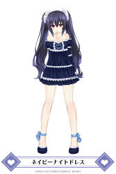 Rule 34 | 1girl, :o, alternate costume, ankle ribbon, arms behind back, bare legs, bare shoulders, black hair, black nightgown, blue dress, blue ribbon, blush, breasts, cleavage, collarbone, company name, dress, frilled dress, frills, full body, hair between eyes, hair ribbon, highres, leg ribbon, long hair, looking at viewer, mainichi compile heart, medium breasts, neptune (series), nightgown, noire (neptunia), official art, red eyes, ribbon, ribbon-trimmed dress, simple background, slippers, solo, translation request, tsunako, twintails, very long hair, white background, white ribbon