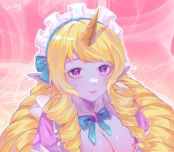 Rule 34 | 1girl, blonde hair, bow, bowtie, braid, breasts, cafe cuties soraka, cleavage, closed mouth, colored skin, dress, gem, green bow, green bowtie, hair bow, highres, horns, large breasts, league of legends, long hair, maid headdress, pink dress, pink eyes, pink skin, pointy ears, puffy short sleeves, puffy sleeves, shiny skin, short sleeves, single horn, smile, solo, soraka (league of legends), twin braids, twintails, upper body, wing (39 miku831)