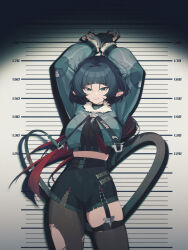 1girl a4210582001 absurdres animal_ears arms_up black_hair blunt_bangs breasts cleavage cuffs earrings fingerless_gloves fur-trimmed_jacket fur_trim gloves gradient_hair grey_eyes grey_jacket handcuffs highres jacket jane_doe_(zenless_zone_zero) jewelry large_breasts long_hair looking_at_viewer midriff mouse_ears mouse_tail mugshot multicolored_hair red_hair red_nails shorts single_leg_pantyhose single_thighhigh smile solo tail thick_thighs thighhighs thighs zenless_zone_zero