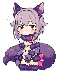 Rule 34 | 1girl, :3, ?, animal ears, black panties, blush, bow, breasts, brown eyes, cosplay, elbow gloves, fate/grand order, fate (series), fur trim, gloves, halloween costume, idolmaster, idolmaster cinderella girls, koshimizu sachiko, light purple hair, looking at viewer, mash kyrielight, mash kyrielight (dangerous beast), mash kyrielight (dangerous beast) (cosplay), moru (monaka), official alternate costume, panties, purple gloves, purple thighhighs, short hair, simple background, small breasts, solo, sweat, tail, thighhighs, trembling, underwear, white background, wolf ears, wolf tail