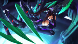 Rule 34 | axe, black bodysuit, bodysuit, breasts, brown hair, elbow gloves, extra legs, floating hair, gio tengco, gloves, hanabi (mobile legends), head tilt, highres, holding, holding axe, looking at viewer, mask, mecha musume, mechanical legs, medium breasts, mobile legends: bang bang, mouth mask, parted bangs, pink eyes, ponytail, science fiction