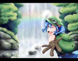 Rule 34 | 1girl, amakan!, bad id, bad pixiv id, female focus, gloves, kawashiro nitori, letterboxed, looking back, one eye closed, rainbow, solo, touhou, two side up, water, waterfall, wink