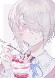 Rule 34 | 10 io, blonde hair, blue ribbon, chocolate syrup, cream, cream on face, food, food on face, frilled skirt, frilled sleeves, frills, fruit, grey hair, hair ornament, hair over one eye, hairclip, highres, ice cream cup, light blush, looking at viewer, original, pink eyes, ribbon, skirt, solo, strawberry, trap, upper body, wavy mouth