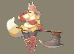 Rule 34 | 1girl, animal ears, armor, artist request, bad id, bad pixiv id, belly, body fur, boots, breasts, fox, fox ears, fox tail, furry, furry female, hair over eyes, huge breasts, plump, red hair, short hair, simple background, snout, solo, standing, sword, tail, thick thighs, thighs, weapon