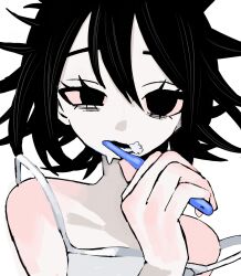 Rule 34 | 1girl, bare shoulders, black eyes, black hair, brushing teeth, commentary, hair between eyes, hand up, highres, holding, holding toothbrush, looking at viewer, messy hair, original, parted lips, shirt, short hair, simple background, sleeveless, sleeveless shirt, solo, spaghetti strap, strap slip, symbol-only commentary, toothbrush, upper body, urokogaran, white background, white shirt