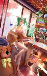 Rule 34 | 1girl, absurdres, aqua eyes, aqua hair, blue neckwear, blush, bug, butterfly, full body, glasses, hair ornament, hatsune miku, hatsune miku (vocaloid4) (chinese), highres, indoors, insect, long hair, miniskirt, open mouth, plant, see-through, sitting, skirt, sleeveless, spring onion, twintails, very long hair, vocaloid, youngpeak