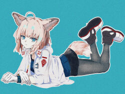 Rule 34 | 1girl, ahoge, animal ear fluff, animal ears, arknights, black pantyhose, black skirt, blonde hair, blue background, blue eyes, blue shirt, breasts, closed mouth, collarbone, commentary, fox ears, fox girl, fox tail, full body, gloves, highres, jacket, legs up, long sleeves, looking at viewer, lying, on stomach, pantyhose, shirt, shoe soles, shoes, simple background, skirt, small breasts, sussurro (arknights), tail, violetstone, white footwear, white gloves, white jacket, wide sleeves