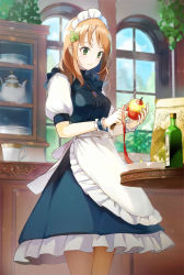 Rule 34 | 1girl, apple, bad id, bad pixiv id, blurry, blurry background, commentary, english commentary, food, fruit, green eyes, hair ornament, holding, indoors, knife, leaf hair ornament, light brown hair, maid, maid headdress, original, peeling, puffy short sleeves, puffy sleeves, short sleeves, solo, yoshitake
