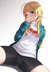 Rule 34 | 1girl, ahoge, alternate hairstyle, arm behind back, bike shorts, black shorts, blonde hair, blue eyes, blue jacket, blush, breasts, closed mouth, covering own mouth, hachimiya meguru, hair down, hair ornament, hairclip, helloet11, highres, idolmaster, idolmaster shiny colors, jacket, long hair, long sleeves, looking at viewer, medium breasts, open clothes, open jacket, plaid, plaid jacket, shirt, shorts, simple background, sitting, solo, speech bubble, white background, white shirt