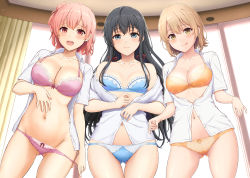 Rule 34 | 3girls, :q, absurdres, black hair, blue bra, blue eyes, blue panties, blush, bra, breasts, clothes lift, collarbone, commentary request, curtains, gluteal fold, groin, highres, inanaki shiki, isshiki iroha, large breasts, lifted by self, light brown hair, long hair, looking at viewer, medium breasts, multiple girls, navel, open clothes, open mouth, open shirt, orange bra, orange panties, panties, panty pull, pink bra, pink hair, pink panties, pulled by self, raised eyebrows, red eyes, ribbon, school uniform, shirt, short hair, shy, small breasts, thigh gap, thighs, tongue, tongue out, underwear, very long hair, wavy mouth, white shirt, window, yahari ore no seishun lovecome wa machigatteiru., yellow eyes, yuigahama yui, yukinoshita yukino