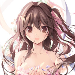 Rule 34 | 1girl, :d, artist name, bare shoulders, blush, breasts, brown eyes, brown hair, cleavage, collarbone, commentary request, cupping hands, fingernails, flat chest, floral background, hair between eyes, hair intakes, hair ribbon, halterneck, highres, karory, long fingernails, long hair, looking at viewer, medium breasts, one side up, open mouth, original, own hands together, pink ribbon, ribbon, sleeveless, smile, solo, upper body
