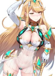 Rule 34 | 1girl, arm up, armpits, bare shoulders, blonde hair, blush, bracelet, breasts, cleavage cutout, clothing cutout, contrapposto, covered navel, cowboy shot, crotch plate, diadem, dress, elbow gloves, embarrassed, gloves, gluteal fold, hand on hilt, hand on own head, hews, highres, jewelry, large breasts, lips, long hair, looking at viewer, maebari, microphone, mythra (xenoblade), navel, nintendo, see-through, short dress, simple background, solo, standing, sword, very long hair, weapon, white background, white dress, xenoblade chronicles (series), xenoblade chronicles 2, yellow eyes