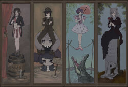 Rule 34 | 4girls, absurdres, adxrhk, alternate costume, black bow, black coat, black dress, black hair, bomb, bow, candle, character doll, coat, column lineup, commentary request, crocodile, crocodilian, crossed arms, dress, explosive, floral print, flower, full body, fumo (doll), grave, grey hair, highres, holding, holding flower, holding paper, holding umbrella, idolmaster, idolmaster shiny colors, looking at viewer, mitsumine yuika, multiple girls, p-head producer, paper, producer (idolmaster), purple hair, quicksand, shirase sakuya, side ponytail, sitting, skirt, smile, standing, striped clothes, striped skirt, tailcoat, tanaka mamimi, thorns, tightrope, tombstone, twintails, umbrella, vertical-striped clothes, vertical-striped skirt, yukoku kiriko
