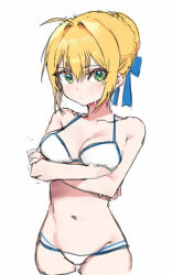 Rule 34 | 1girl, ahoge, arms under breasts, artoria pendragon (all), artoria pendragon (fate), bikini, blonde hair, blue ribbon, blush, breasts, cleavage, closed mouth, cropped legs, crossed arms, fate/grand order, fate/stay night, fate (series), green eyes, hair bun, hair ribbon, looking at viewer, medium breasts, pinch (nesume), ribbon, saber (fate), simple background, single hair bun, solo, swimsuit, wet, white background, white bikini