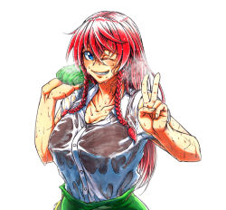 Rule 34 | 1girl, blue eyes, braid, commentary, commentary request, green vest, hong meiling, koyubi (littlefinger1988), one eye closed, red hair, see-through, shirt, simple background, smile, sweat, touhou, twin braids, v, vest, wet, wet clothes, wet shirt, white background, white shirt