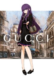 Rule 34 | 1girl, alternate costume, bag, black dress, black footwear, blue ribbon, brown bag, contemporary, dress, expressionless, fern (sousou no frieren), full body, gucci, hand up, hashtag-only commentary, highres, letterboxed, loafers, long hair, long sleeves, looking at viewer, neck ribbon, outdoors, product placement, purple eyes, purple hair, red ribbon, ribbon, shoes, shoulder bag, solo, sousou no frieren, standing, striped ribbon, t.k.c, white ribbon