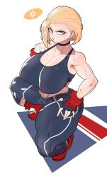 Rule 34 | 1girl, anger vein, blonde hair, blue eyes, cammy white, gintm, gym pants, highres, looking at viewer, medium hair, solo, speech bubble, squatting, street fighter, sweat, tank top