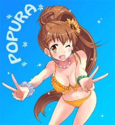 Rule 34 | 1girl, bent over, bikini, breasts, brown eyes, brown hair, character name, cleavage, double v, large breasts, long hair, open mouth, otabe sakura, perspective, polka dot, polka dot bikini, polka dot swimsuit, ponytail, solo, swimsuit, taneshima popura, v, wink, working!!