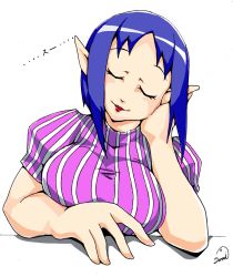 Rule 34 | blue hair, bombchu bowling girl, breasts, closed eyes, highres, large breasts, lips, lipstick, makeup, nintendo, pointy ears, red lips, samidare satsuki, text focus, the legend of zelda, the legend of zelda: majora&#039;s mask, the legend of zelda: ocarina of time, translation request
