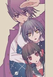 Rule 34 | 1girl, 2boys, :o, ahoge, arm up, black sailor collar, brown background, brown eyes, brown hair, buttons, danganronpa (series), danganronpa v3: killing harmony, hair between eyes, hair ornament, hair scrunchie, harukawa maki, height difference, highres, jacket, long hair, looking at viewer, low twintails, momota kaito, multiple boys, pink jacket, purple hair, red eyes, red scrunchie, red shirt, saihara shuichi, sailor collar, satori (aosky9077), scrunchie, shirt, short hair, space print, spiked hair, starry sky print, striped clothes, striped jacket, sweatdrop, twintails, white shirt