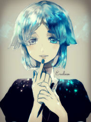 Rule 34 | 10s, 1other, androgynous, blue eyes, blue hair, blue nails, blush, canarinu, character name, colored eyelashes, euclase (houseki no kuni), finger to mouth, gem uniform (houseki no kuni), grey background, heterochromia, holding, holding pen, houseki no kuni, index finger raised, looking at viewer, matching hair/eyes, multicolored hair, nail polish, parted lips, pen, grey eyes, silver hair, simple background, smile, solo, sparkle, two-tone hair, uniform, upper body