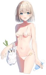 Rule 34 | 1girl, :d, absurdres, amrita (amber78gou), bag, bare arms, bare shoulders, bikini, blue eyes, bottle, breasts, collarbone, commentary request, cropped legs, earrings, front-tie bikini top, front-tie top, highres, holding, holding bottle, idolmaster, idolmaster shiny colors, jewelry, looking at viewer, micro bikini, navel, o-ring, o-ring bottom, open mouth, serizawa asahi, shopping bag, short hair, sidelocks, silver hair, simple background, small breasts, smile, solo, spring onion, stomach, swimsuit, underboob, water bottle, white background, white bikini