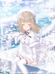 Rule 34 | 1girl, angel wings, blonde hair, blush, bow, bowtie, braid, breasts, building, cityscape, closed eyes, medium breasts, original, sitting, skyscraper, smile, snow, snowing, thighhighs, white thighhighs, wings
