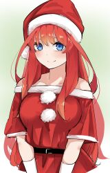 Rule 34 | 1girl, alternate costume, bare shoulders, belt, black belt, blue eyes, blush, breasts, christmas, closed mouth, collarbone, commentary request, dress, eyebrows hidden by hair, fur-trimmed dress, fur trim, go-toubun no hanayome, green background, hair between eyes, hat, highres, large breasts, long hair, looking at viewer, mame1645, nakano itsuki, no hair ornament, pom pom (clothes), red hair, santa dress, santa hat, short sleeves, sidelocks, simple background, smile, solo, straight-on, very long hair, wavy hair, white fur