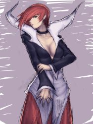 Rule 34 | 1girl, breasts, brown eyes, choker, cleavage, collar, collarbone, expressionless, fumio (rsqkr), genderswap, genderswap (mtf), hand on own arm, head tilt, holding own arm, large breasts, long sleeves, looking at viewer, pants, red hair, red pants, short hair, snk, solo, standing, the king of fighters, yagami iori