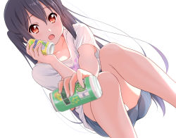 Rule 34 | 1girl, black hair, blue skirt, blush, brown eyes, can, collarbone, commentary request, dresstrip, drink, drink can, dutch angle, hair between eyes, holding, holding can, holding drink, k-on!, long hair, looking at viewer, miniskirt, nakano azusa, open mouth, shirt, simple background, skirt, soda can, solo, thighs, twintails, white background, white shirt