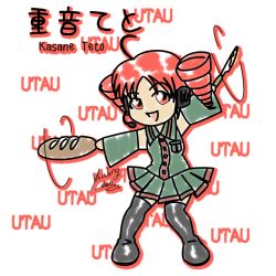 Rule 34 | 1girl, baguette, boots, bread, chibi, dancing, detached sleeves, food, kasane teto, red hair, solo, utau, xi wang chan (artist)