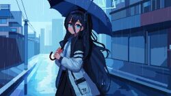 Rule 34 | 1girl, absurdly long hair, aris (blue archive), black hair, black hairband, black skirt, blue archive, blue eyes, blue halo, blue necktie, closed mouth, collared shirt, commentary, english commentary, hairband, halo, highres, holding, holding umbrella, jacket, long hair, long sleeves, looking at viewer, necktie, one side up, open clothes, open jacket, pixel art, pleated skirt, ringed eyes, shirt, skirt, smile, solo, tinia etru, umbrella, very long hair, white jacket, white shirt