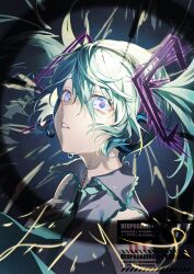 1girl aqua_eyes aqua_hair bare_shoulders blue_eyes blue_hair blue_necktie collared_shirt crosshair crying crying_with_eyes_open floating_hair grey_shirt hair_between_eyes hair_ornament hatsune_miku headset hibana_(vocaloid) highres long_hair looking_at_viewer murumuru_(pixiv51689952) necktie parted_lips shirt skirt sleeveless sleeveless_shirt solo tears twintails very_long_hair vocaloid