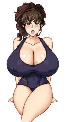Rule 34 | 1girl, abridged-satoko, arm support, blush, breasts, brown hair, cleavage, covered erect nipples, huge breasts, looking at viewer, mature female, one-piece swimsuit, open mouth, ponytail, sitting, solo, sweat, swimsuit, thick thighs, thighs, umineko no naku koro ni, ushiromiya natsuhi, yellow eyes