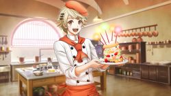 Rule 34 | 1boy, :d, alternate costume, androgynous, apron, blonde hair, blush, bow, braid, brown eyes, buttons, chef, double-breasted, eyelashes, food, fruit, game cg, hair bow, hair ornament, hairclip, hairpin, hat, highres, holding, indoors, kitchen, male focus, margarita (senjuushi), multicolored hair, non-web source, official art, open mouth, orange hair, senjuushi: the thousand noble musketeers, senjuushi (series), smile, solo, sparkling eyes, sweets, swept bangs, trap, two-tone hair, waist apron