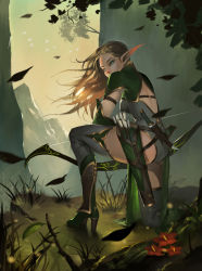 Rule 34 | 1girl, absurdres, ass, bad id, bad pixiv id, belt, blonde hair, boots, bow, dagger, elf, flower, grass, green eyes, high heel boots, high heels, highres, kneeling, knife, leaf, long hair, looking back, midfinger, mountain, panties, pointy ears, quiver, sheath, sheathed, solo, thigh boots, thighhighs, tree, underwear, weapon, wind